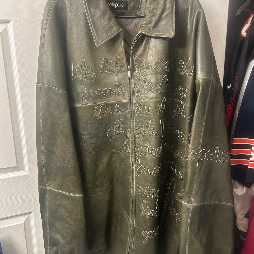 Pelle Pelle Olive Green Leather Embroidered Script Bomber Jacket